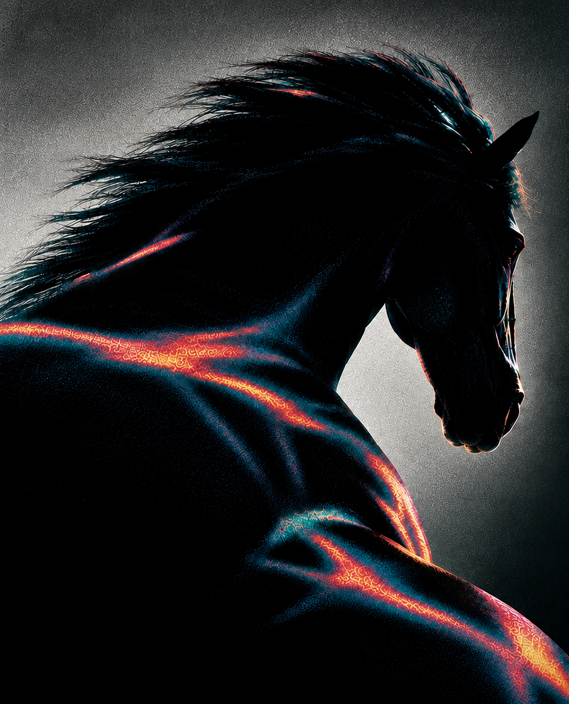 Black horse illuminated by emerald and red market light